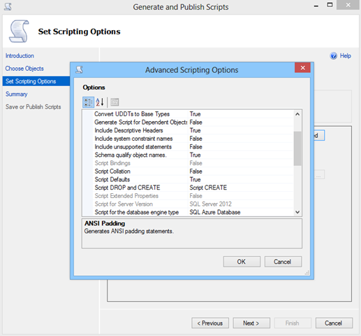 SQL Generate Scripts Wizard Options
