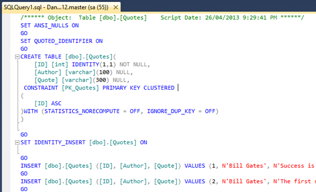 SQL Generate Scripts result script