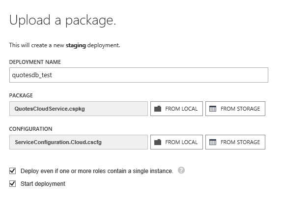 Select cloud service packages for upload
